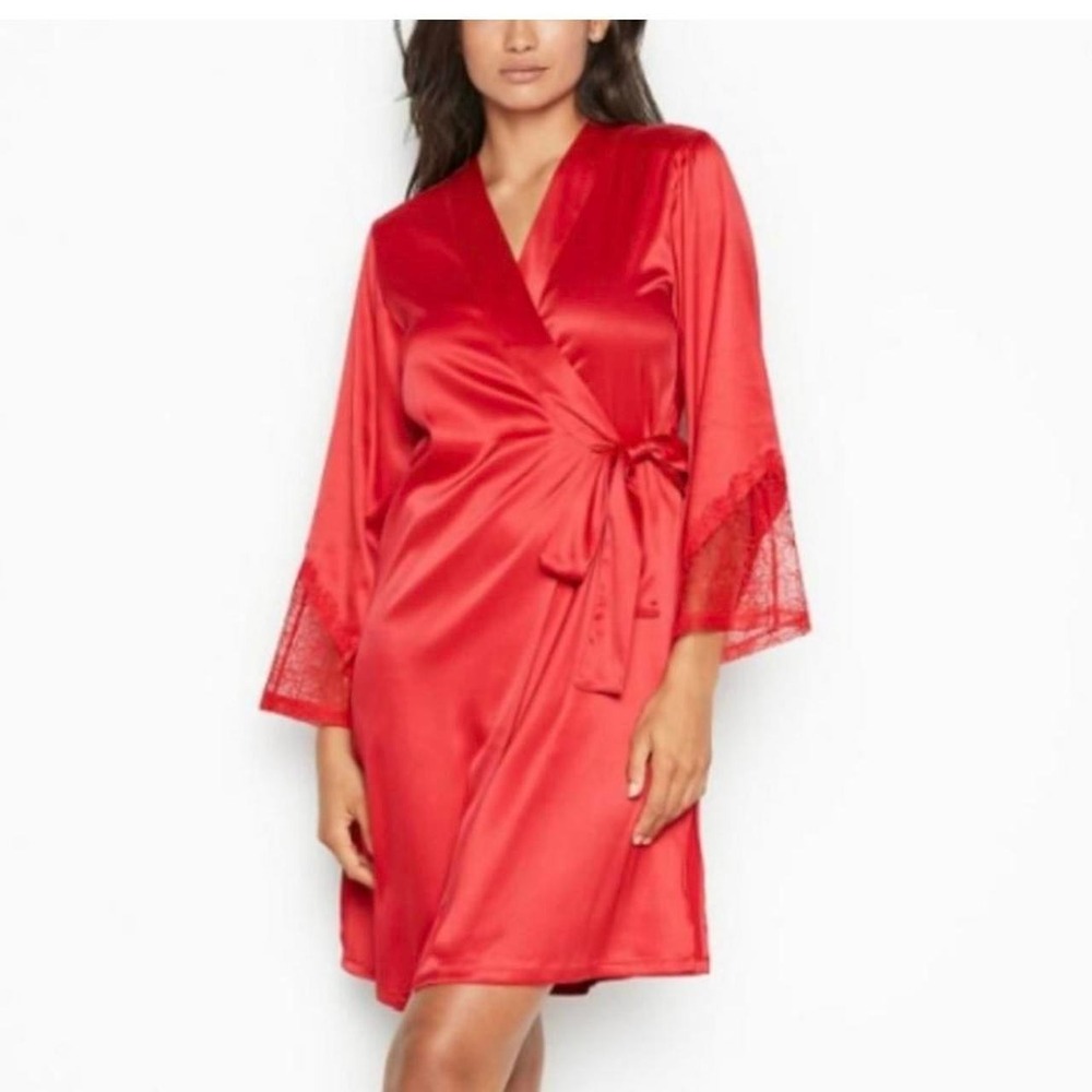 Victoria's Secret Red Satin & Chantilly Lace Wrap Kimono Robe Women's Lg lace